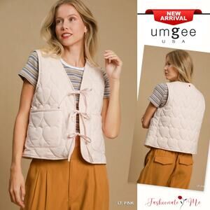 Umgee Heart Pattern Quilted Tie Front Details Lightweight Vest Jacket | Lt Pink